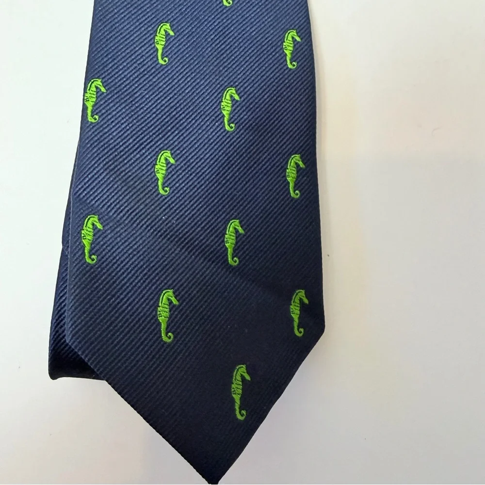 J. Crew Navy and Green Seahorse The Silk Tie‎ 100% Silk Tie